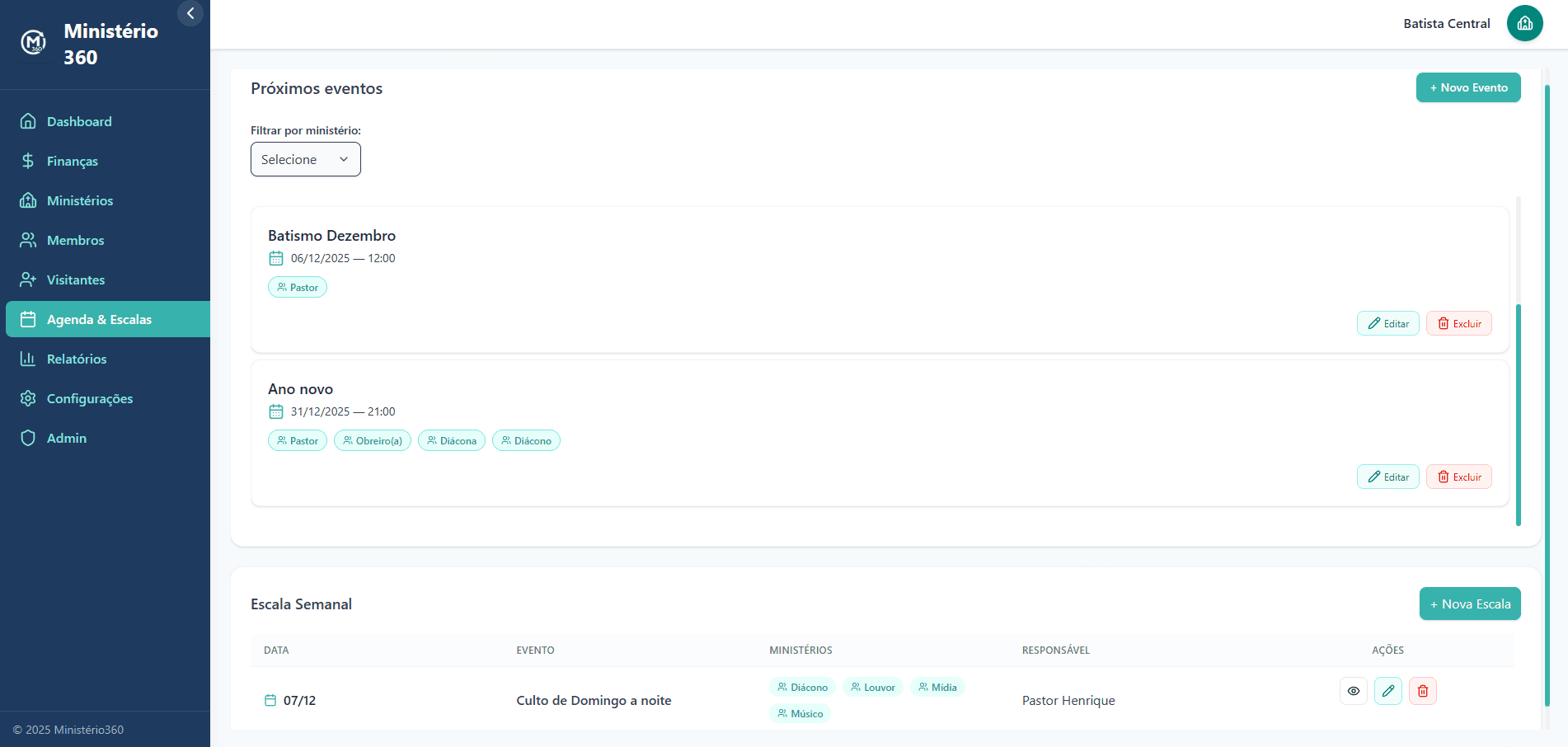 Tela de agenda e escalas